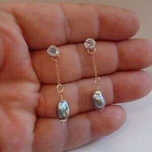 14K YELLOW GOLD DROP/DANGLE STUD EARRINGS 2ct LAB CREATED DIAMOND & BLACK PEARLS